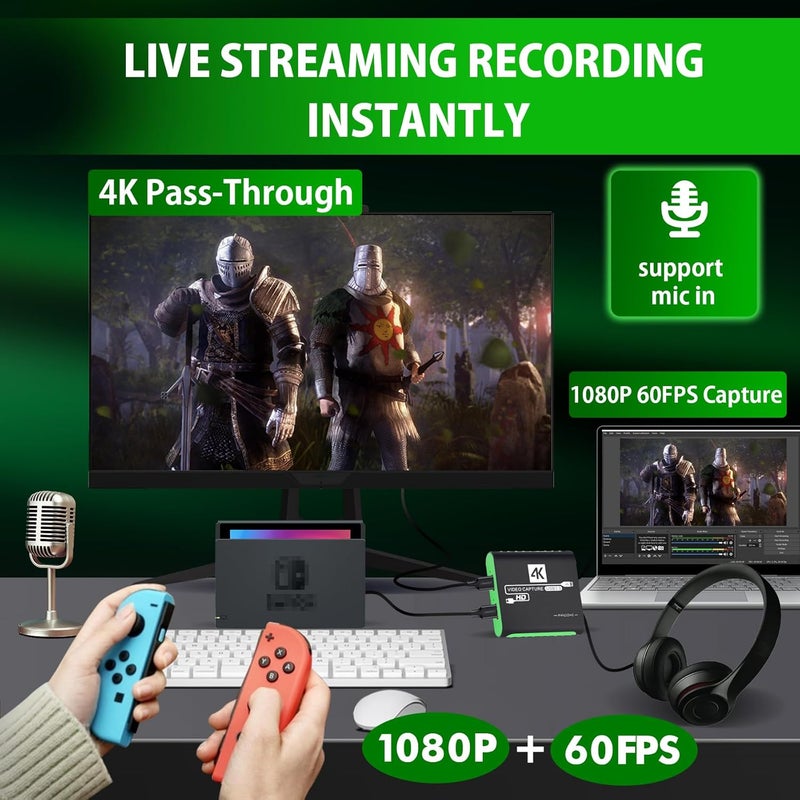 SUDTREEV HDMI Video Capture Card for Nintendo Switch 2, 1080P 60FPS, 4K@30Hz Input and Passthrough, HDMI to USB3.0, Compatible with OBS/PS4/PS5/Mac/Windows - Image 2